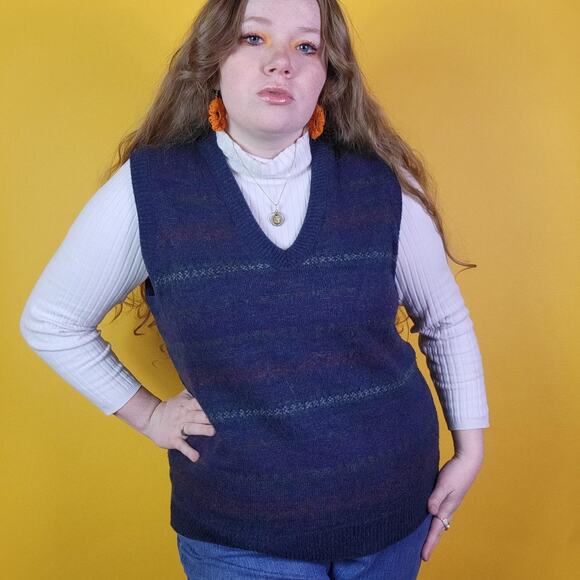 Vintage Navy Blue Striped V-Neck Sweater, L - Picture 2 of 4